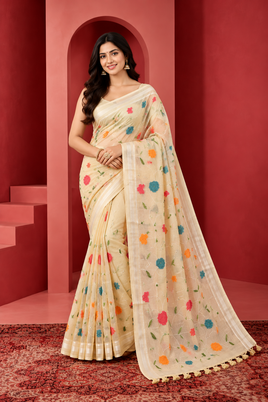Elegant Cream Floral Embroidered Saree