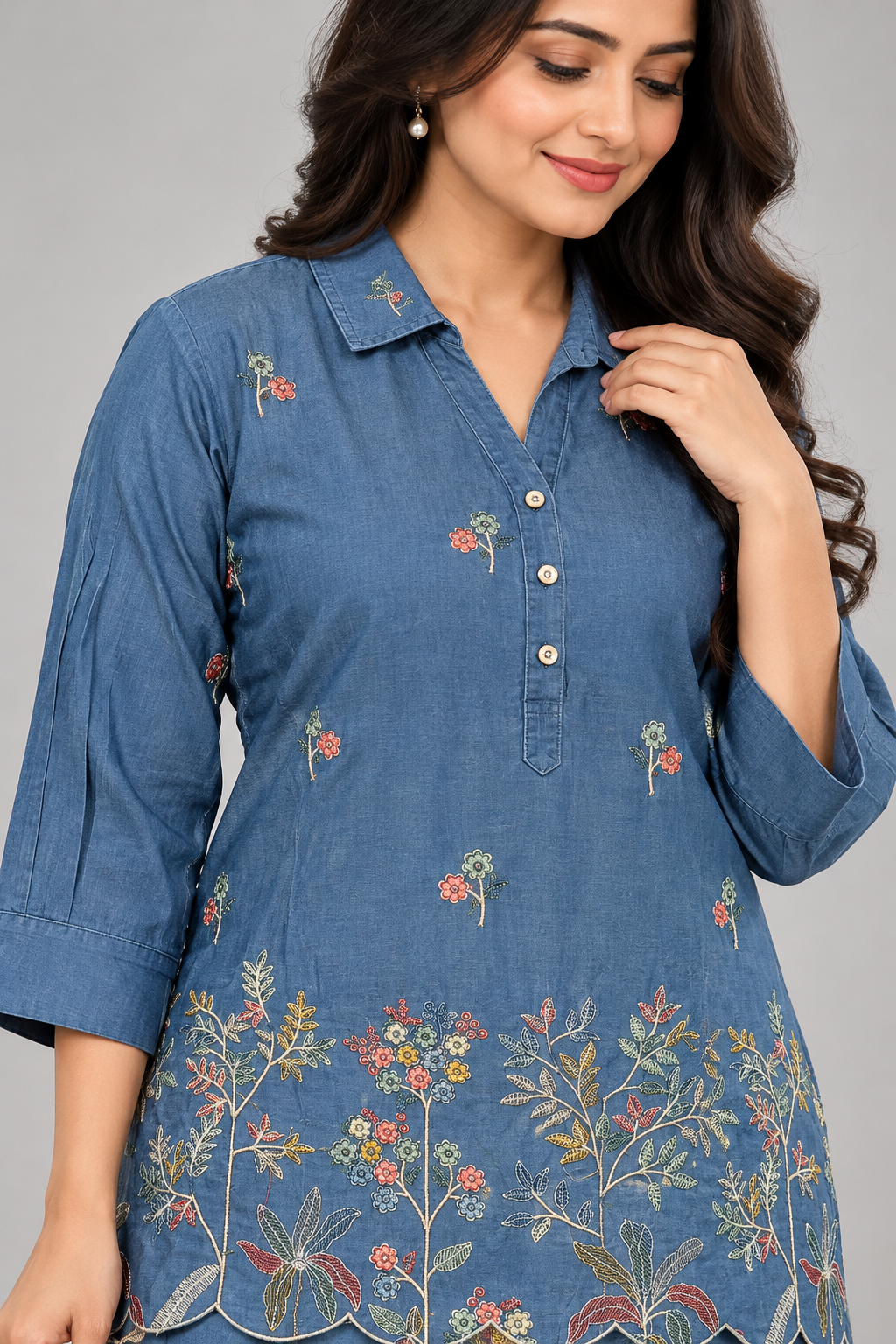Elegant Denim Blue Floral Embroidered Co-Ord Set for Women