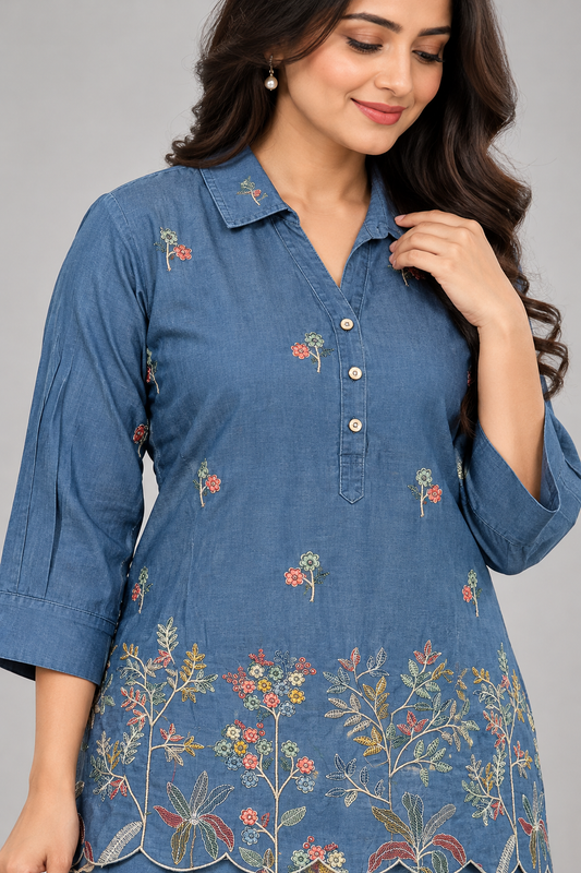 Elegant Denim Blue Floral Embroidered Co-Ord Set for Women