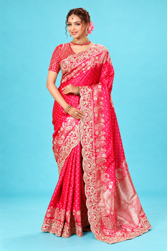 Royal Rani Pink Designer Saree with Golden Paisley Work & Rich Embroidered Pallu