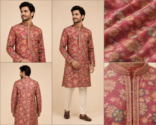 Rose Pink Floral Print Men’s Festive Kurta Set