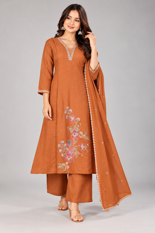 Elegant Rust Orange Floral Embroidered Kurta Pant & Dupatta Set