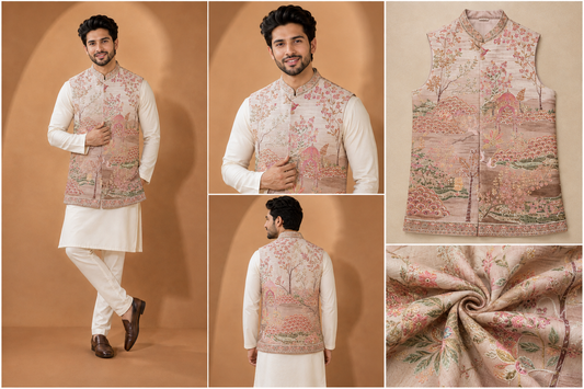 Elegant Floral Printed Nehru Jacket Kurta Set