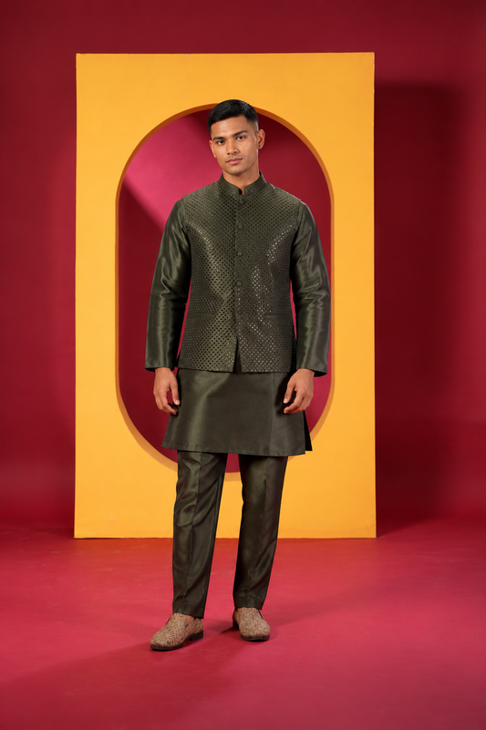 Men's Premium Olive Green Kurta Pant Set with Embellished Nehru Jacke