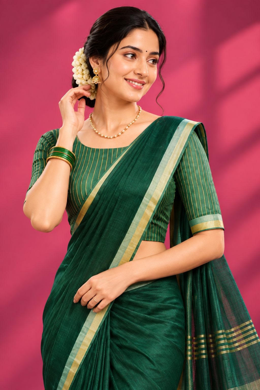 Emerald Green Handloom Saree with Gold Border