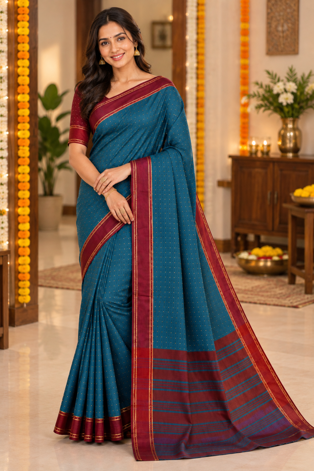Teal Blue Saree with Maroon Border & Golden Dotted Weave