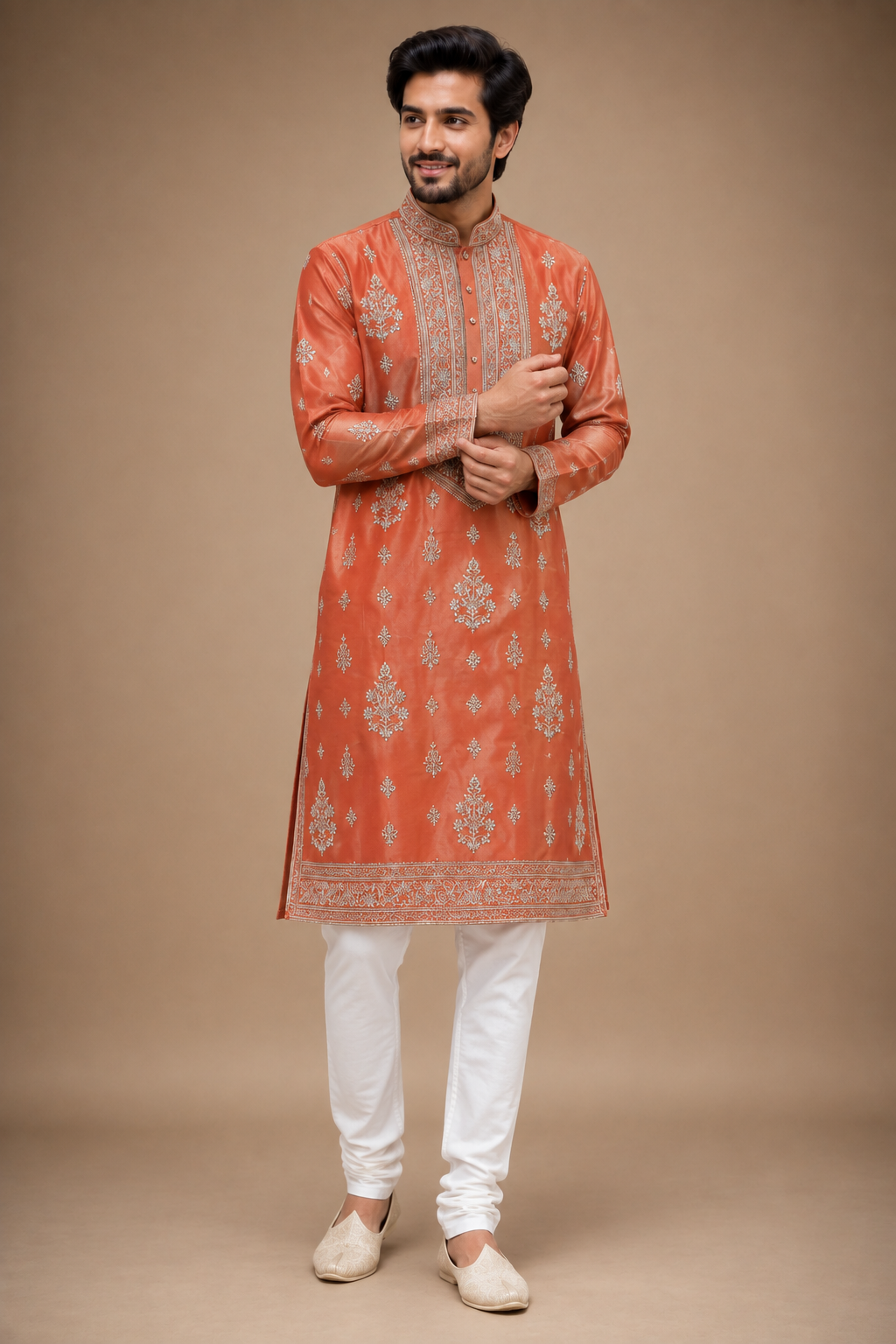 Rust Orange Embroidered Festive Kurta for Men