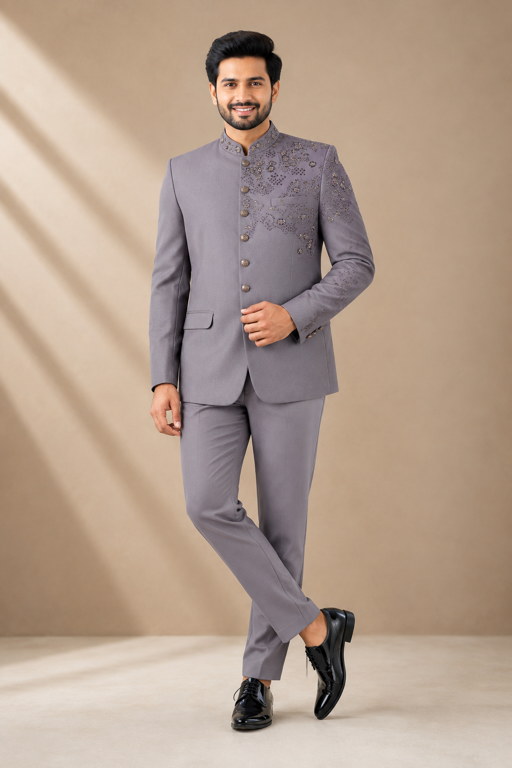 Regal Grey Embellished Jodhpuri Suit