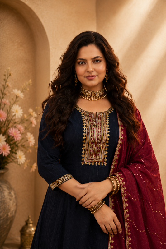 Royal Midnight Blue Embroidered Anarkali Suit Set with Maroon Dupatta