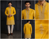 Mustard Yellow Embroidered Silk Kurta Set with Village Scenery Border for Men