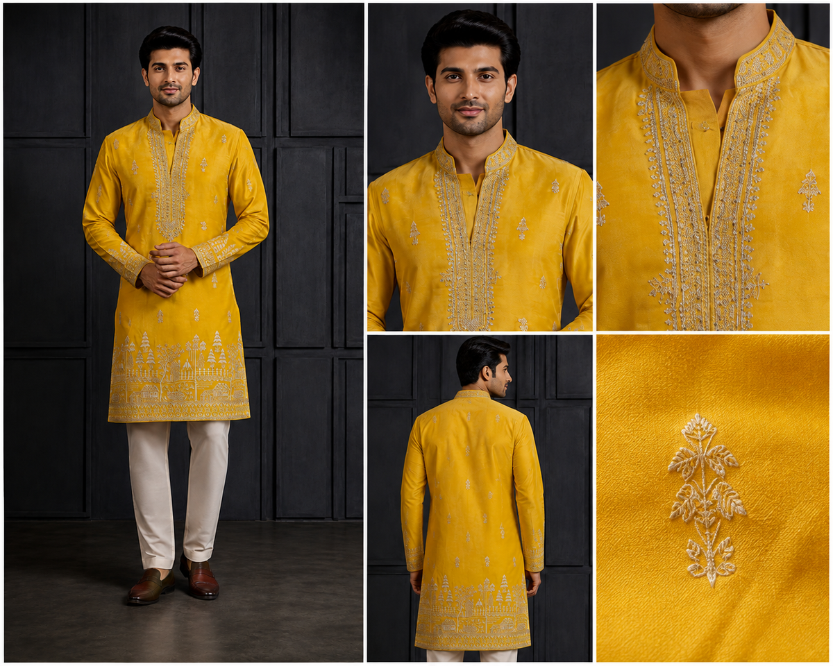 Mustard Yellow Embroidered Silk Kurta Set with Village Scenery Border for Men
