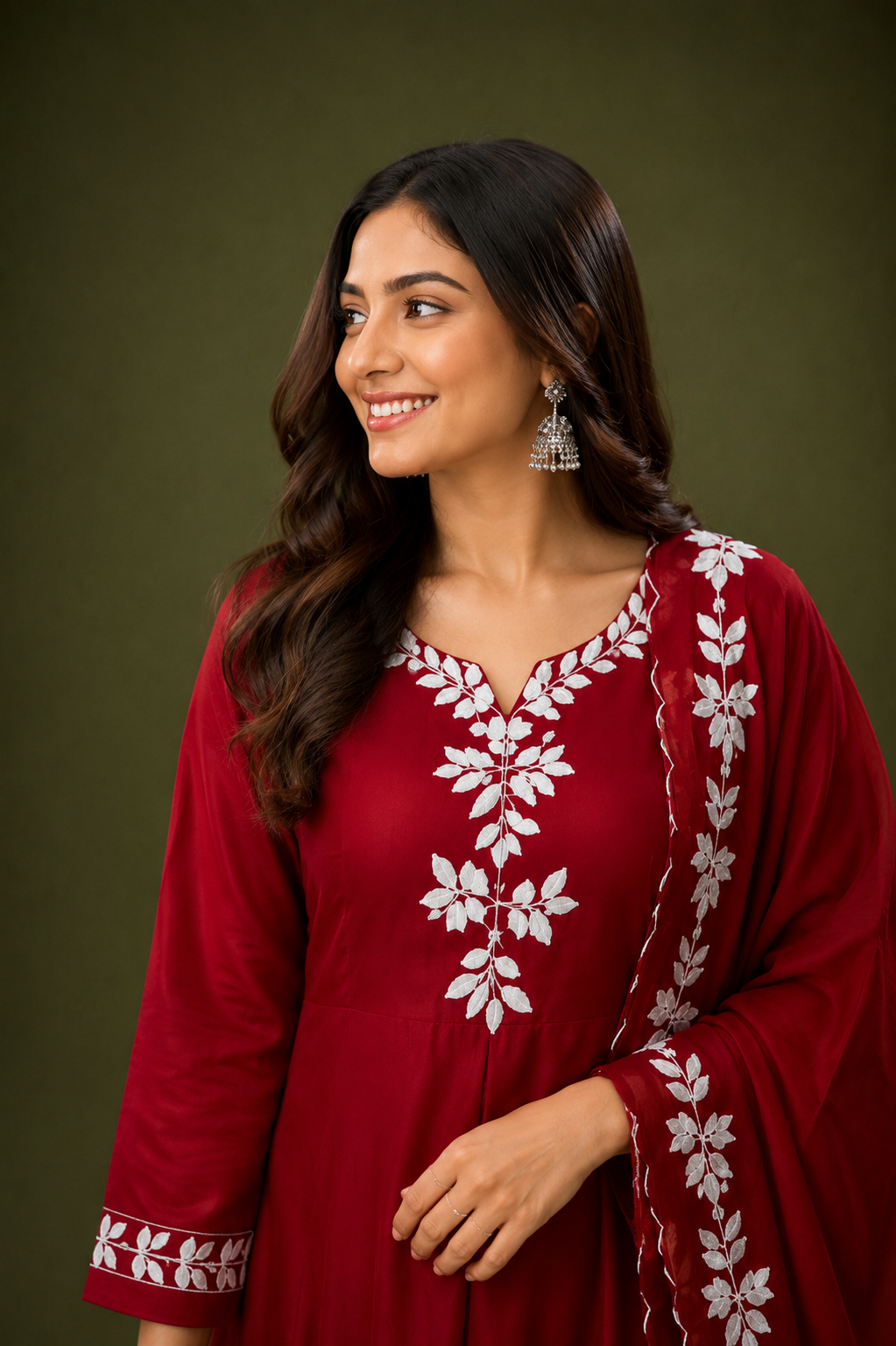 Women’s Maroon Embroidered Anarkali Kurta Set with Dupatta