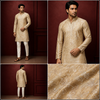 Beige & Gold Floral Jacquard Silk Kurta Set for Men