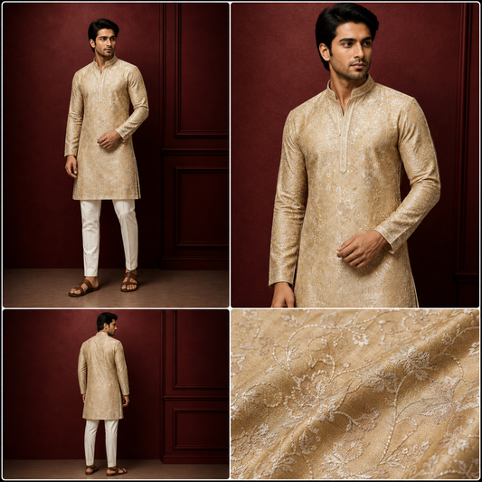 Beige & Gold Floral Jacquard Silk Kurta Set for Men