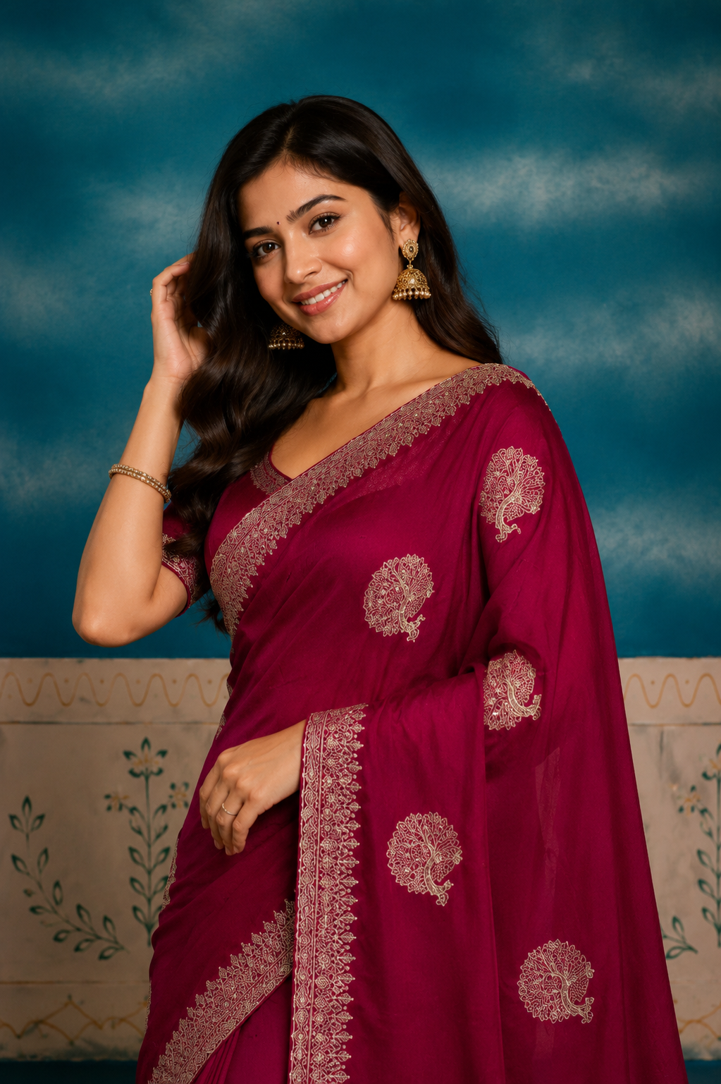 Elegant  Embroidered Saree with Intricate Silver Zari Border