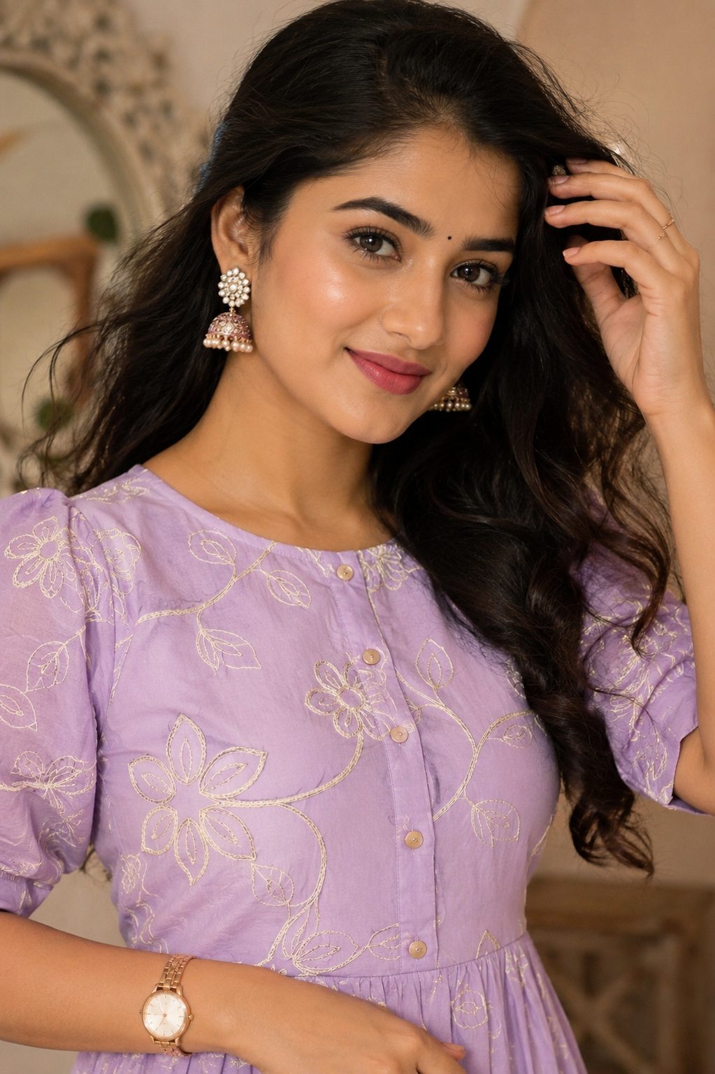 Lavender Floral Puff Sleeve Midi Dress