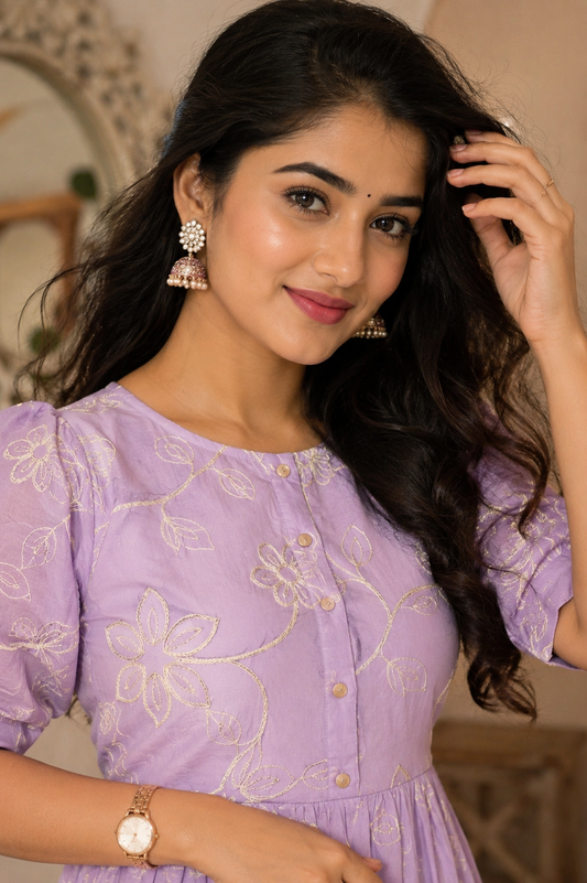 Lavender Floral Puff Sleeve Midi Dress