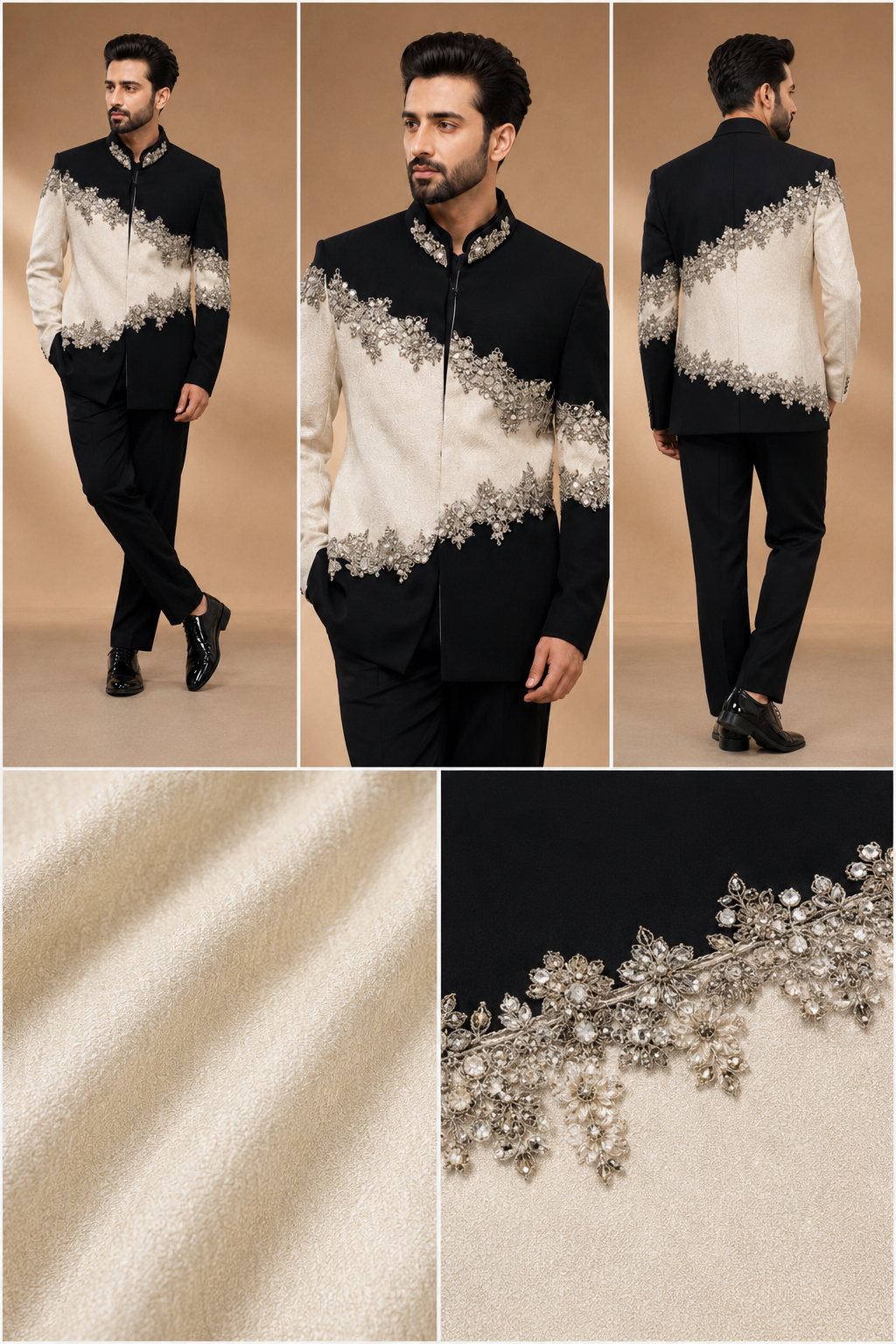 Men’s Black & Ivory Embroidered Designer Indo-Western Suit