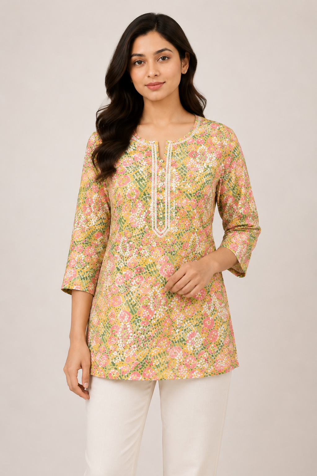 Floral Printed Tunic Top for Women – Mustard Yellow & Pink