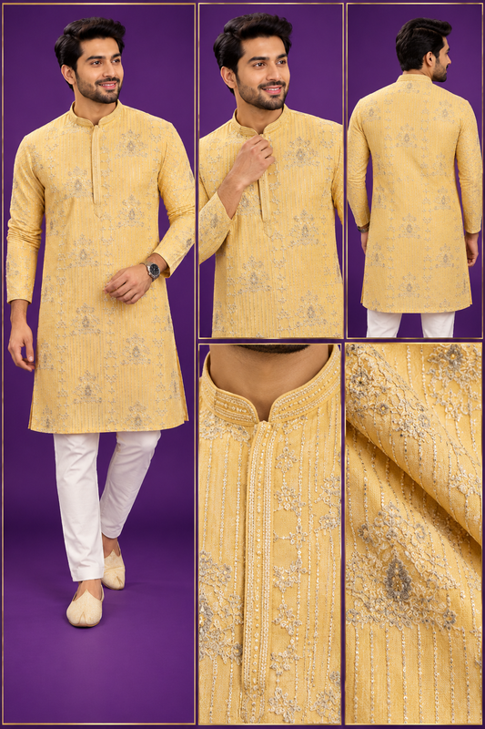 Men’s Mustard Gold Embroidered Festive Kurta