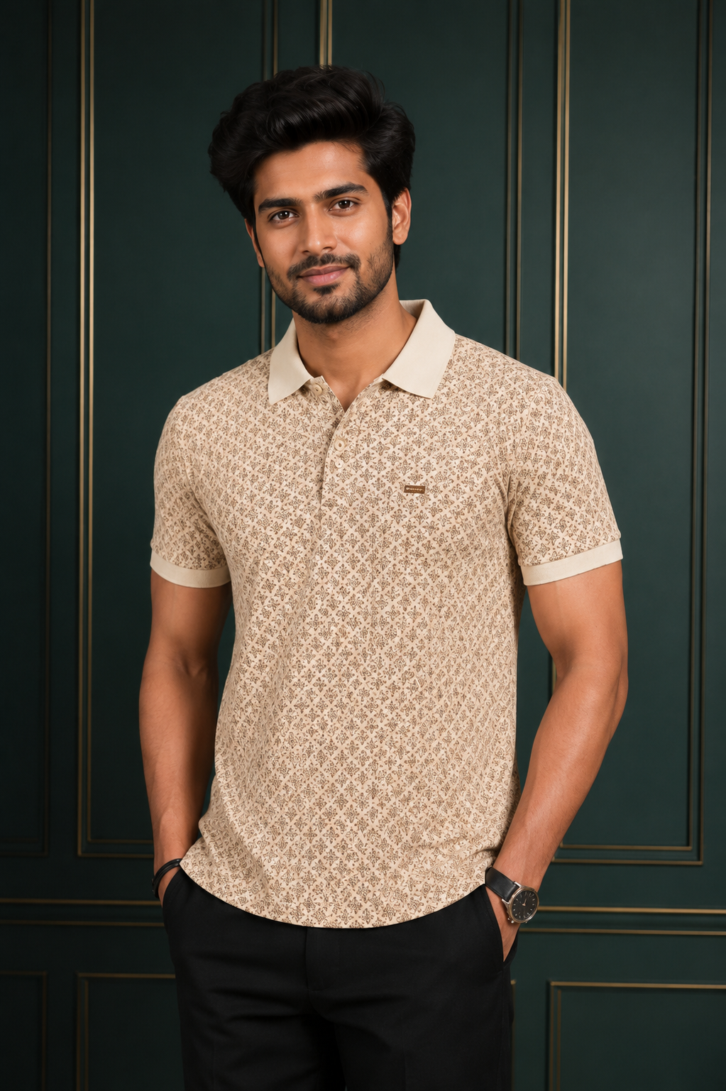 Men's Premium Beige Printed Polo T-Shirt | Soft Cotton Blend | Smart Wear