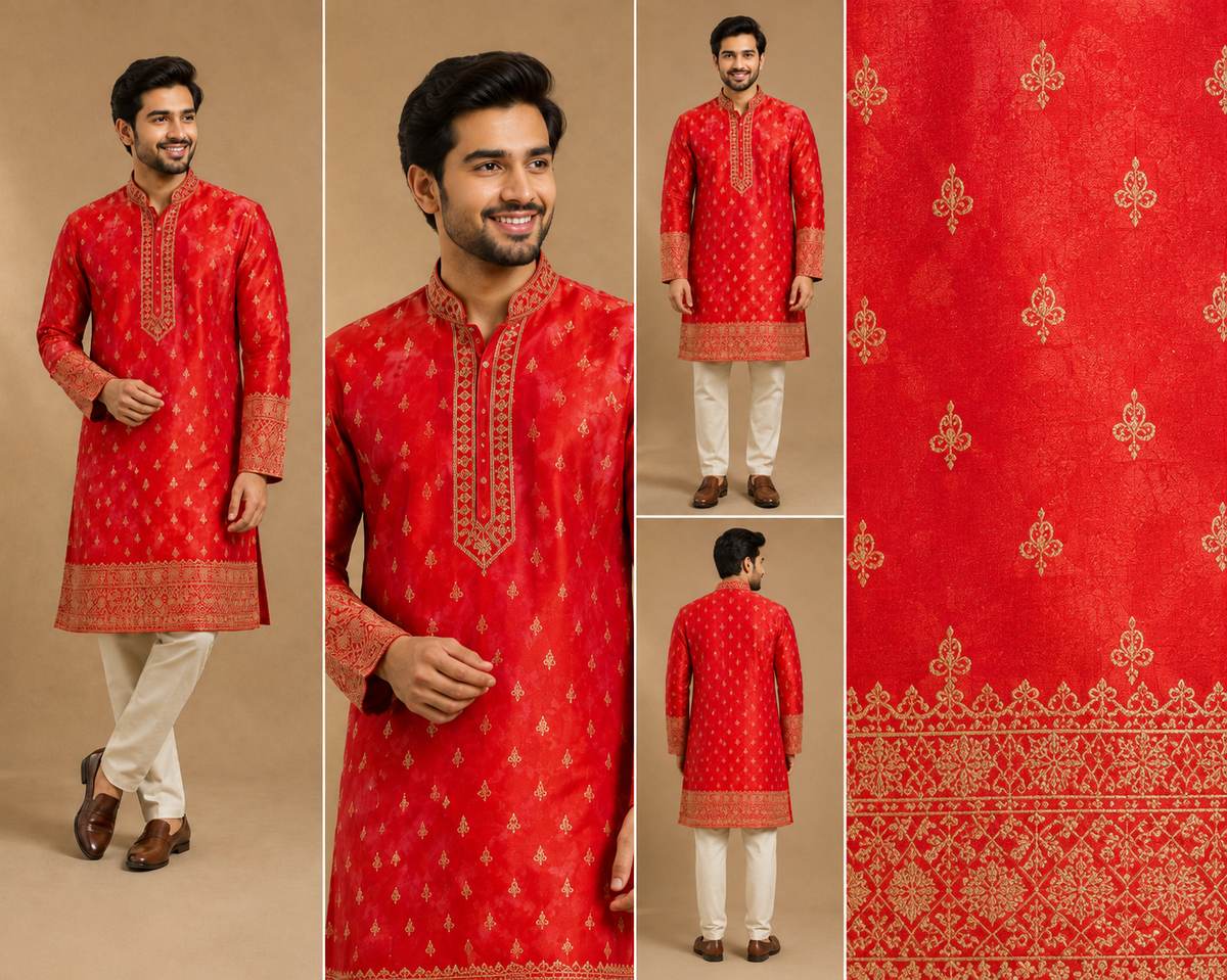 Men’s Royal Red Embroidered Festive Kurta
