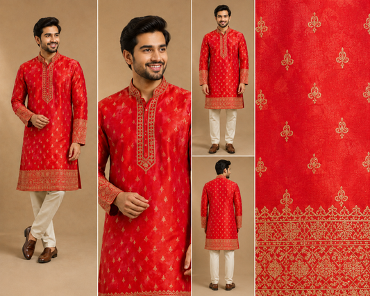 Men’s Royal Red Embroidered Festive Kurta