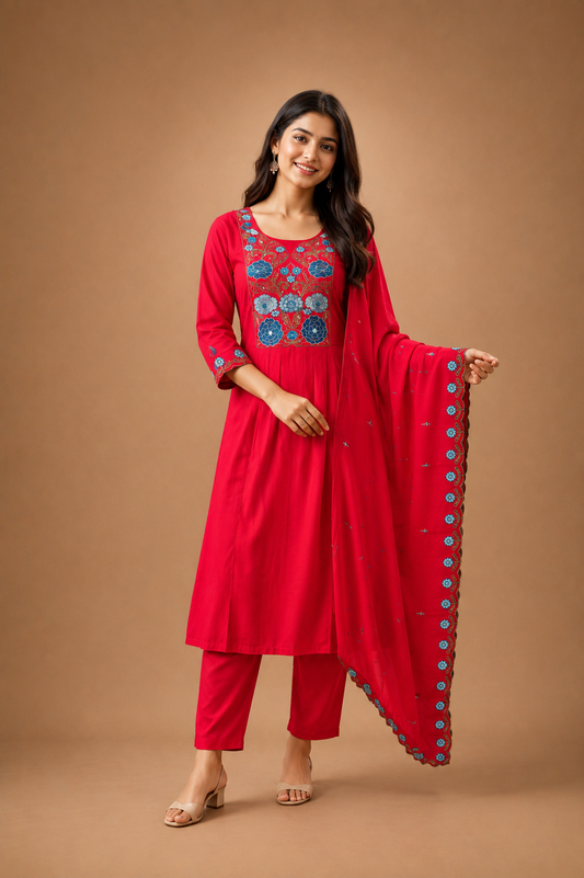 Floral Embroidered Kurti Pant & Dupatta Set