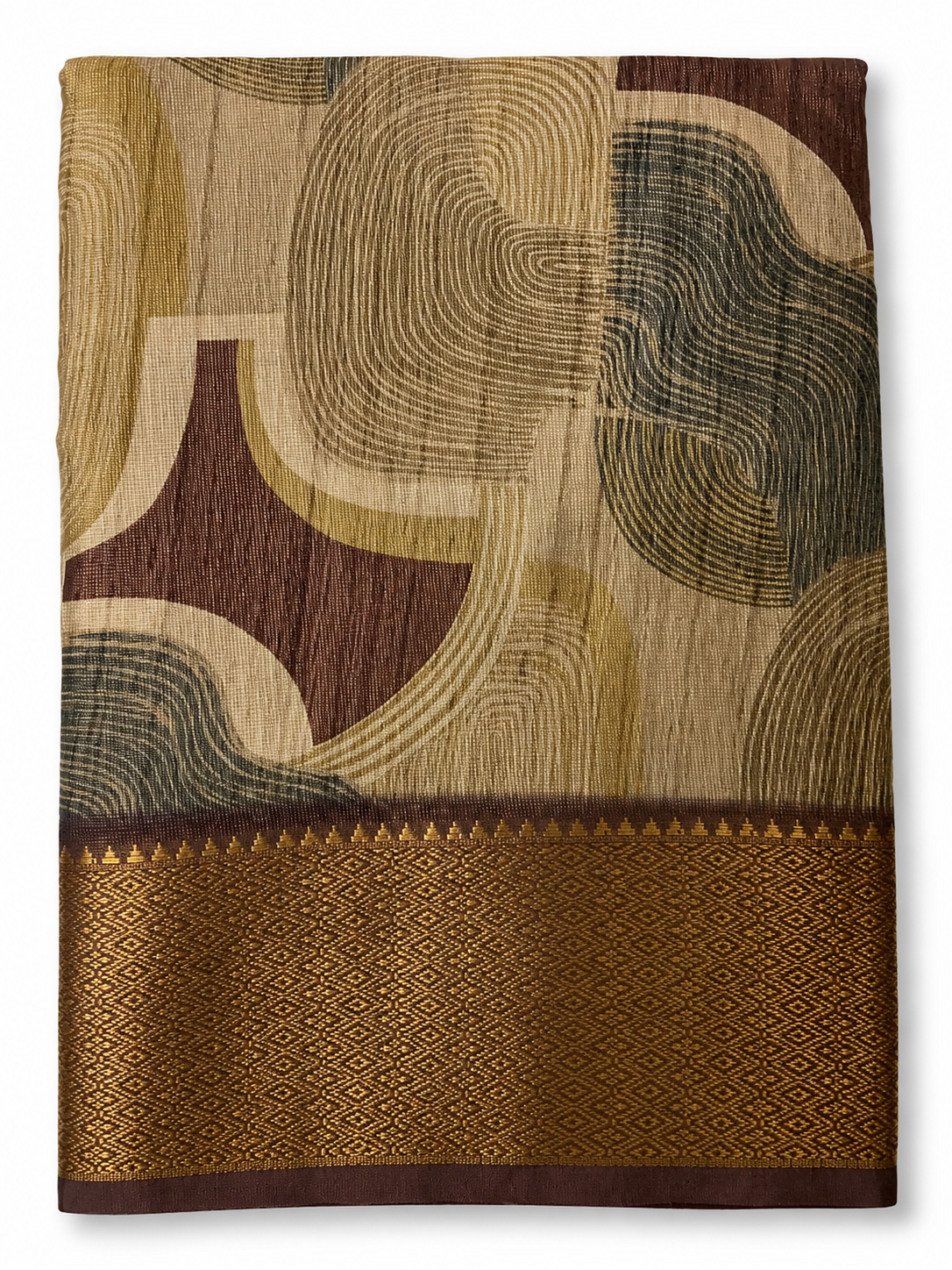 Elegant Beige & Brown Abstract Printed Blend Saree with Rich Golden Zari Border