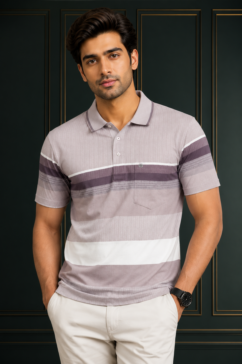 Men's Premium Mauve Striped Polo T-Shirt | Soft  Blend | Smart  Wear