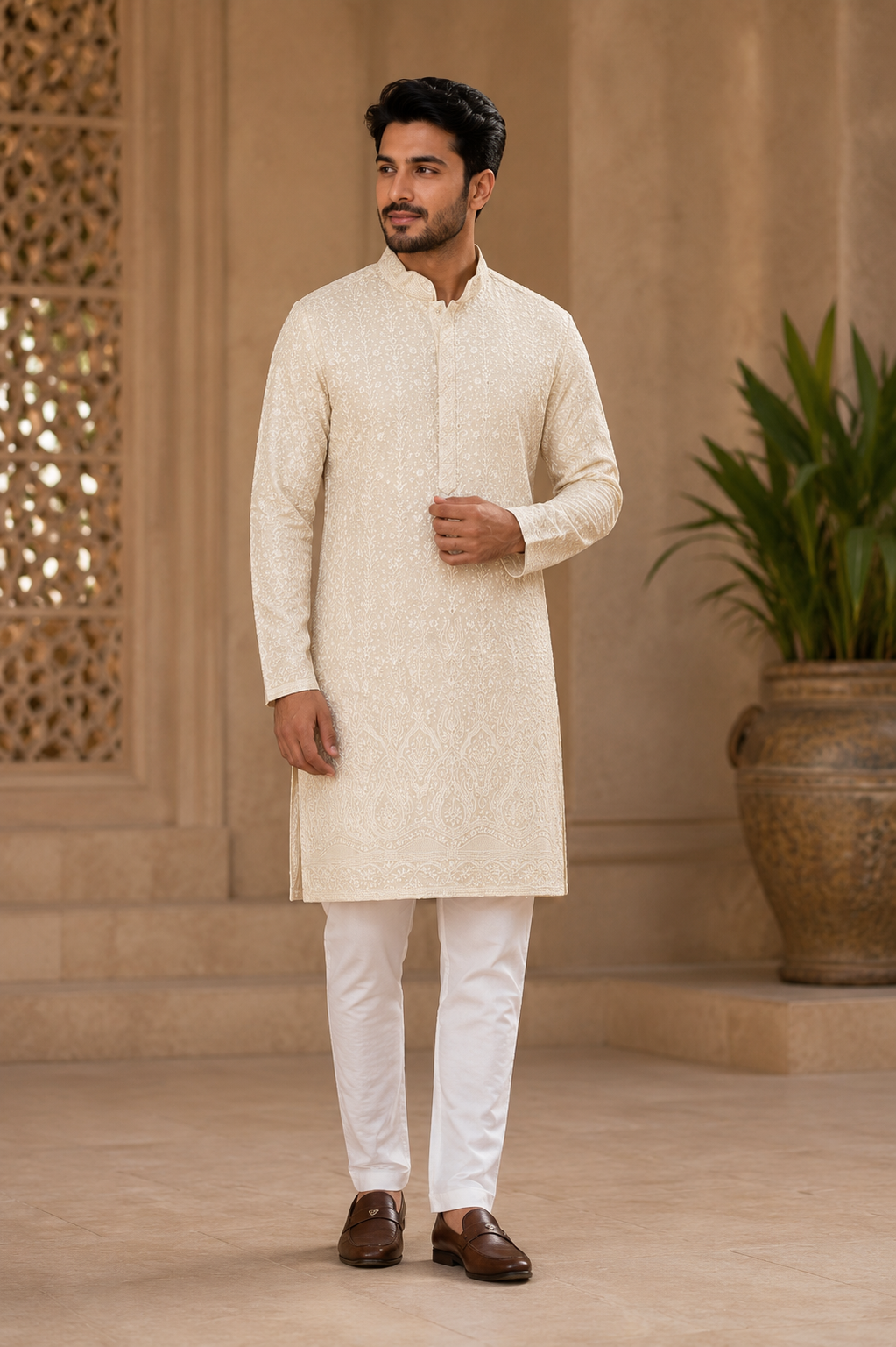 Ivory White Embroidered Festive Kurta for Men