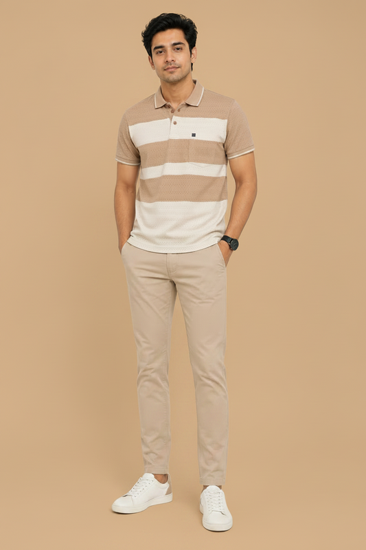 Men’s Grey & Off White Striped Polo T-Shirt