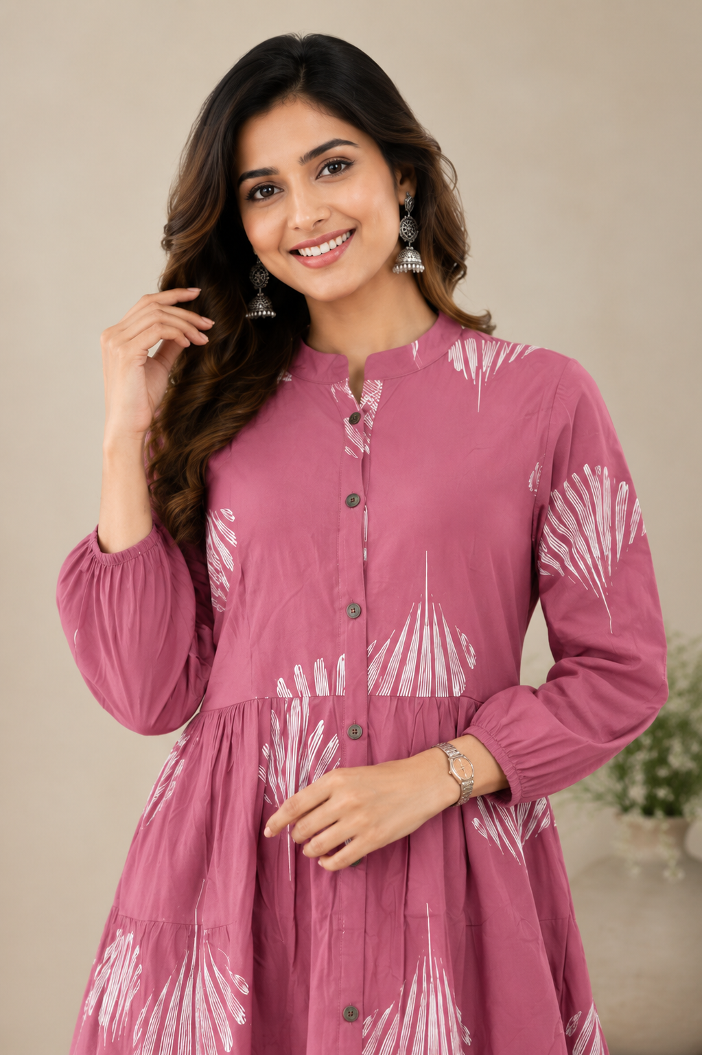 Women's Printed Tiered Cotton Kurti with Mandarin Collar