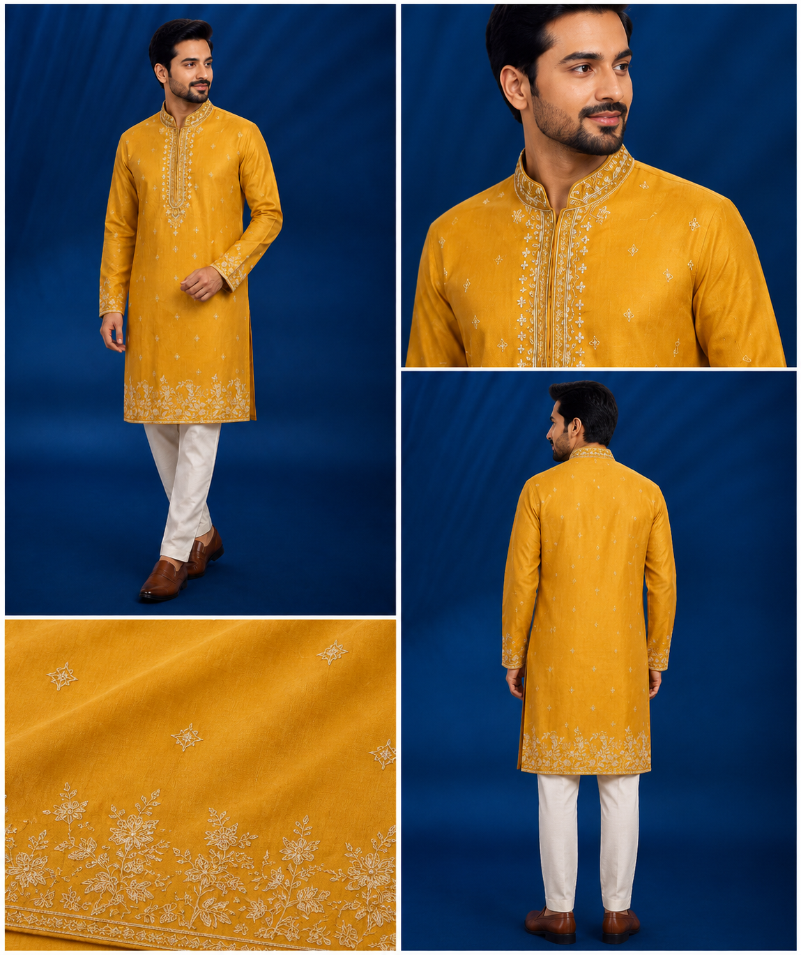 Mustard Yellow Embroidered Silk Kurta