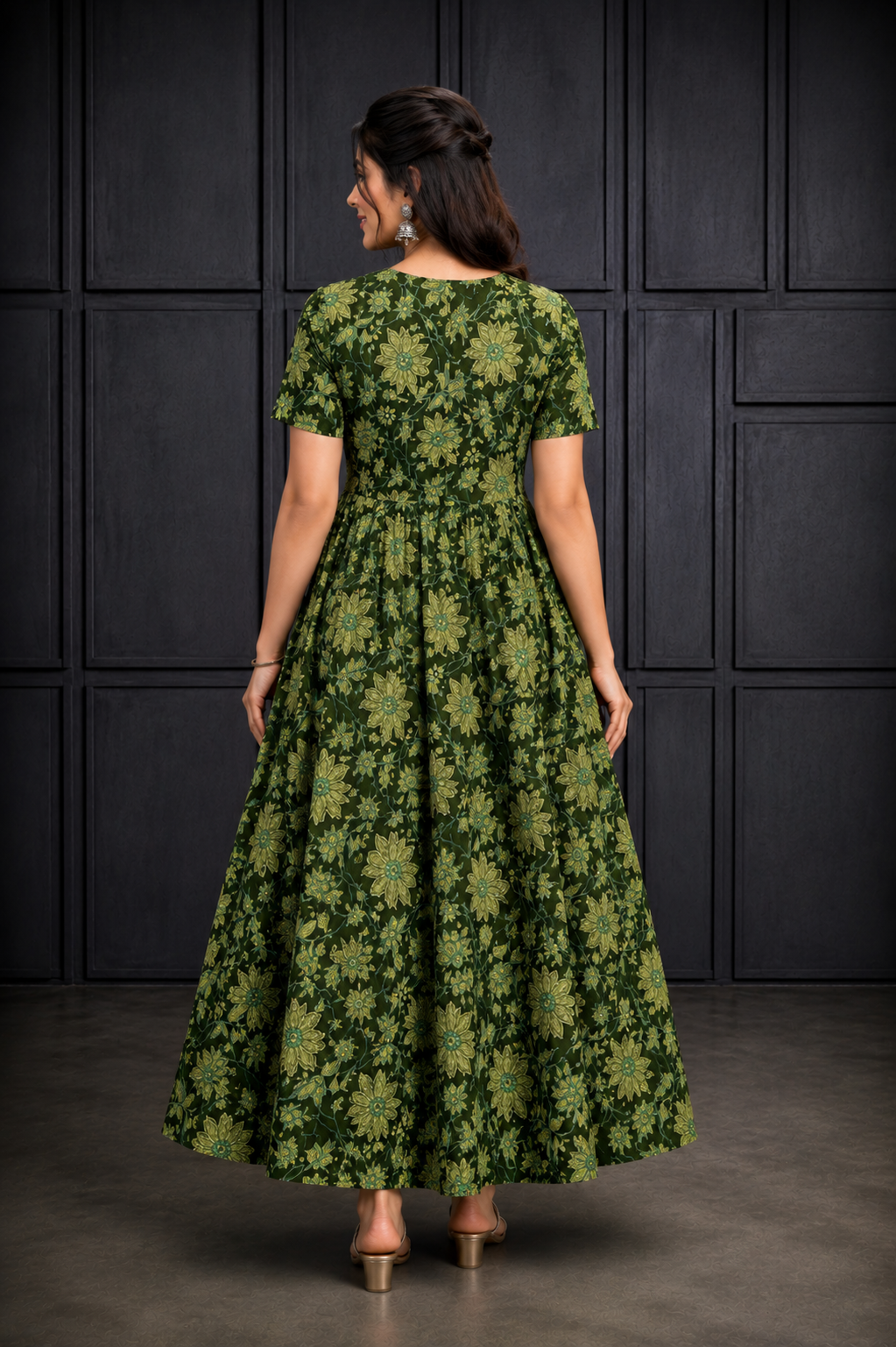 Dark Green Floral Printed Flared Maxi Dress