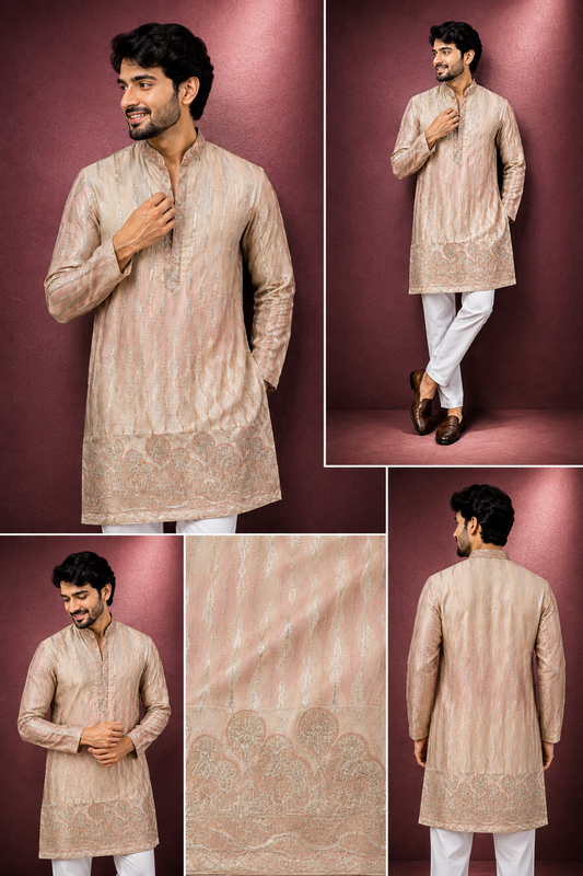 Champagne Beige Embroidered Festive Kurta Set