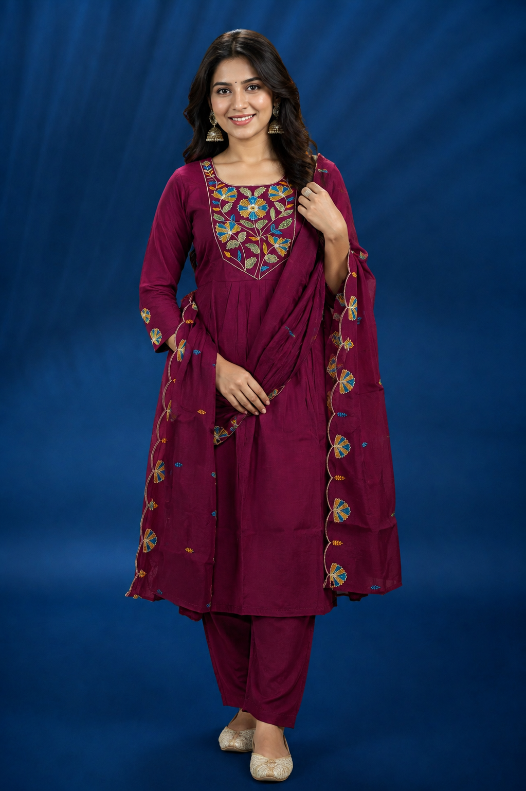Floral Embroidered Kurti, Bottom & Dupatta Set
