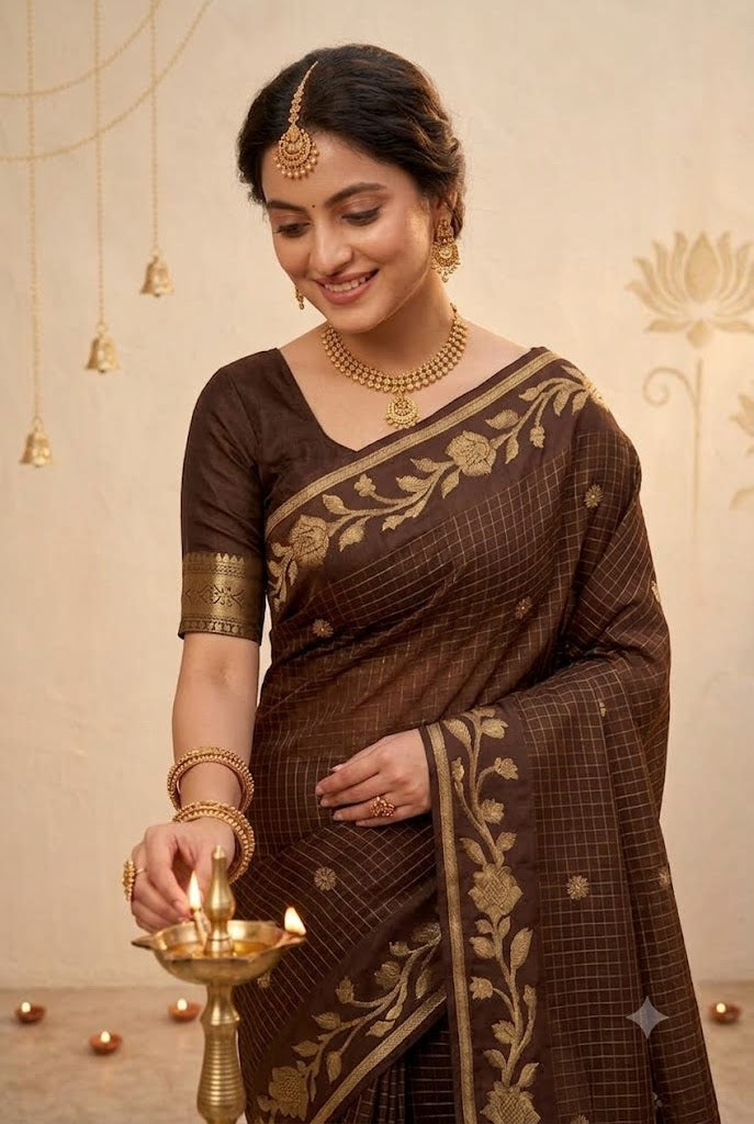 Coffee Brown Checked Silk Saree with Floral Zari Border