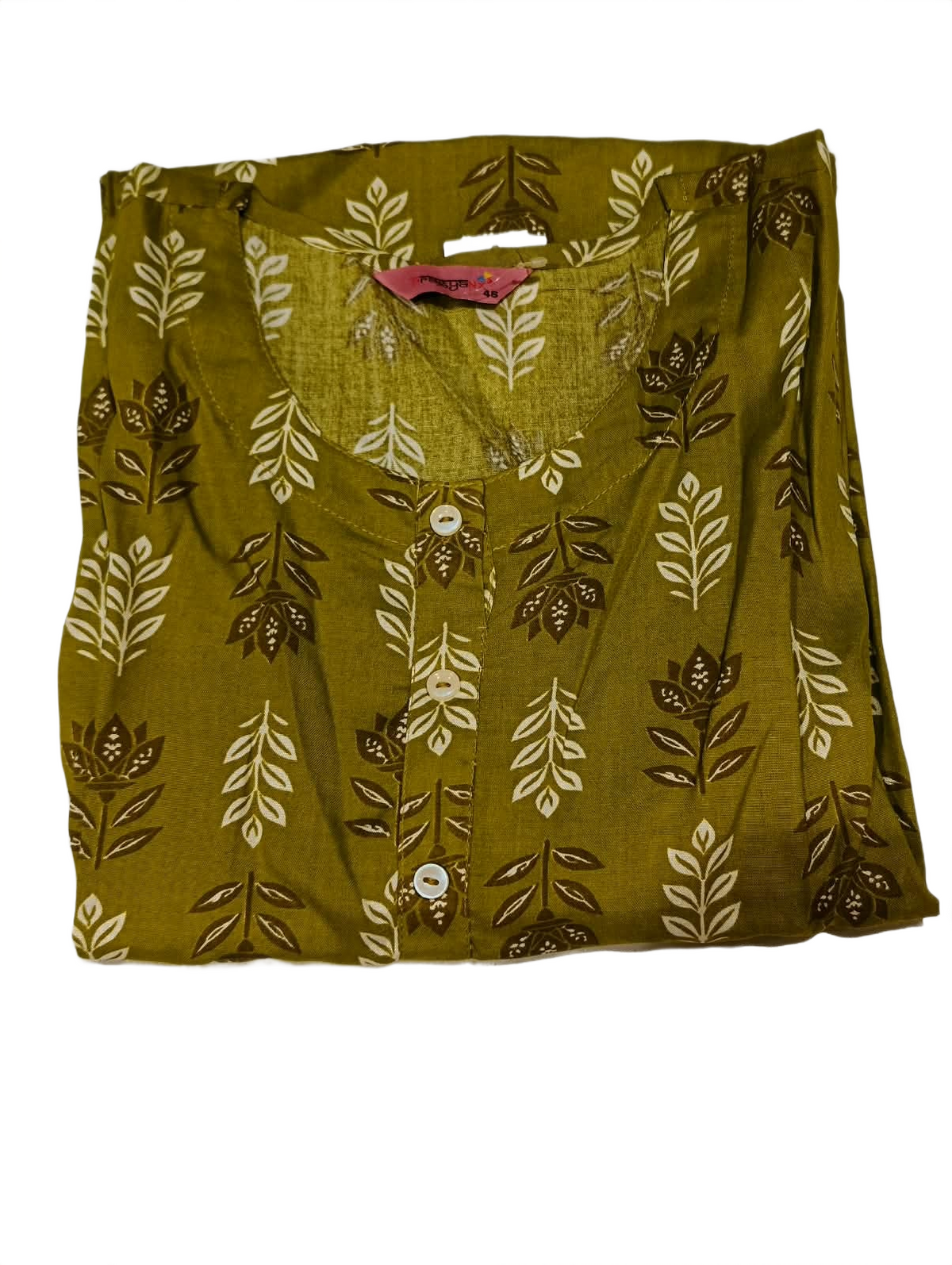 Women's Olive Green Ethnic Leaf Print Cotton Kurti