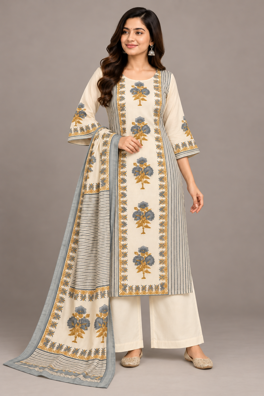 Elegant Ivory Floral Printed Kurta Palazzo Dupatta Set