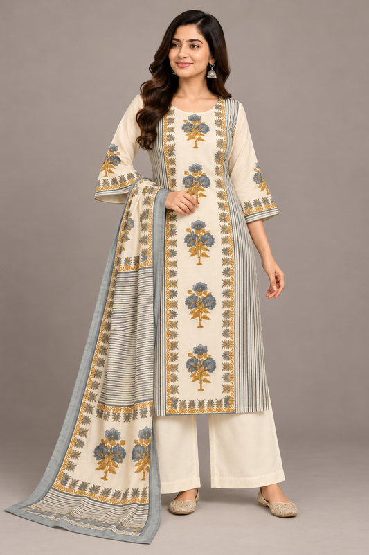 Elegant Ivory Floral Printed Kurta Palazzo Dupatta Set