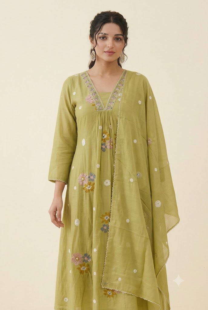Olive Green Floral Embroidered Kurta Set with Dupatta