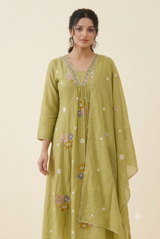 Olive Green Floral Embroidered Kurta Set with Dupatta