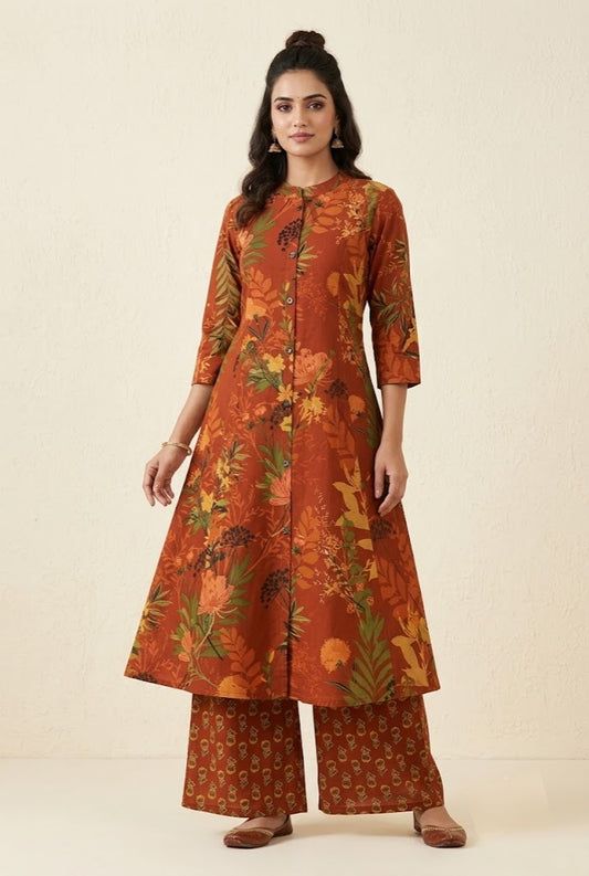 Rust Orange Floral Printed Front-Button Co-Ord Set