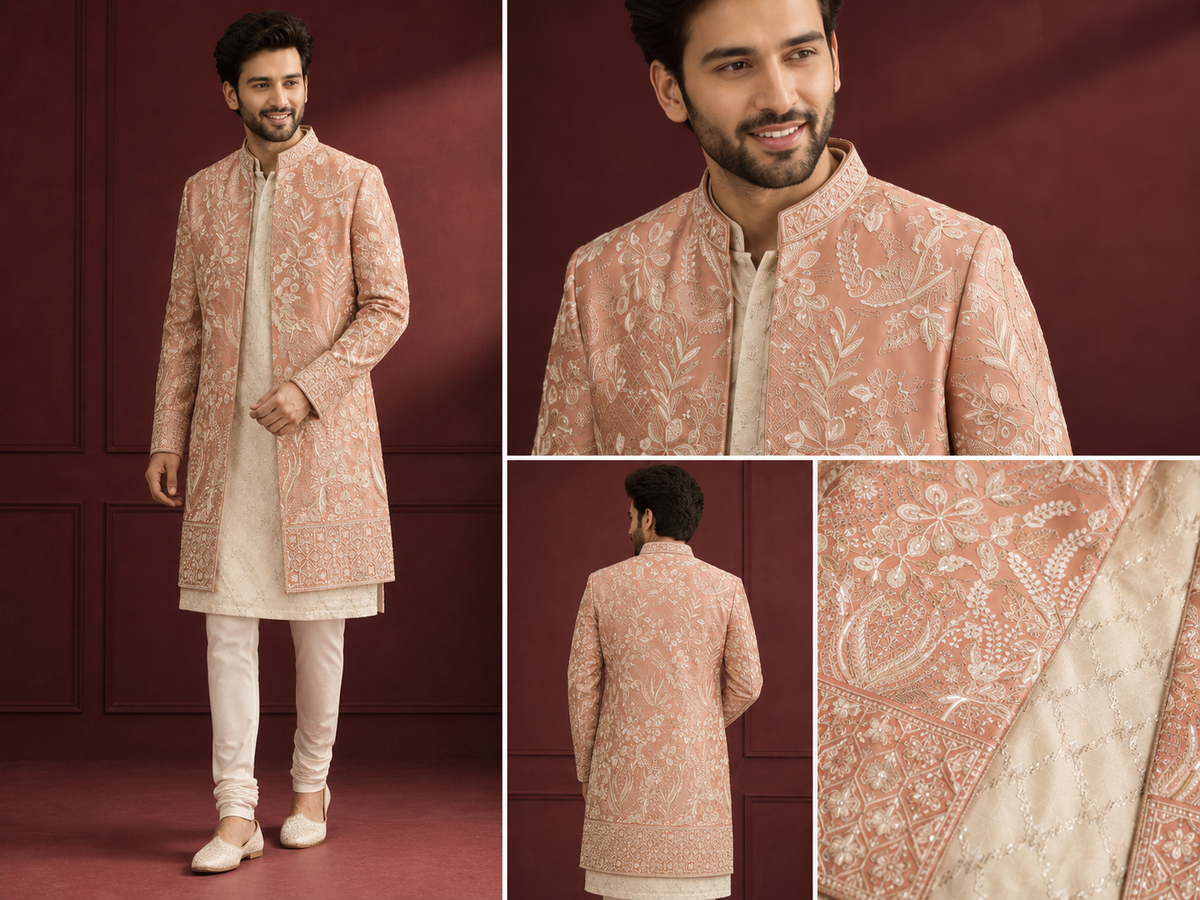 Peach Embroidered Indo-Western Sherwani Set