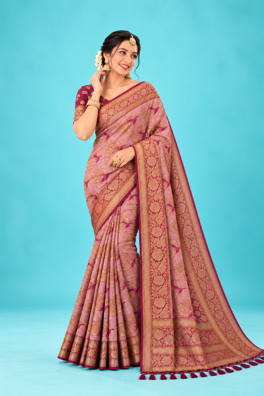Elegant Mauve Pink Banarasi Silk Saree with Rich Golden Zari Work