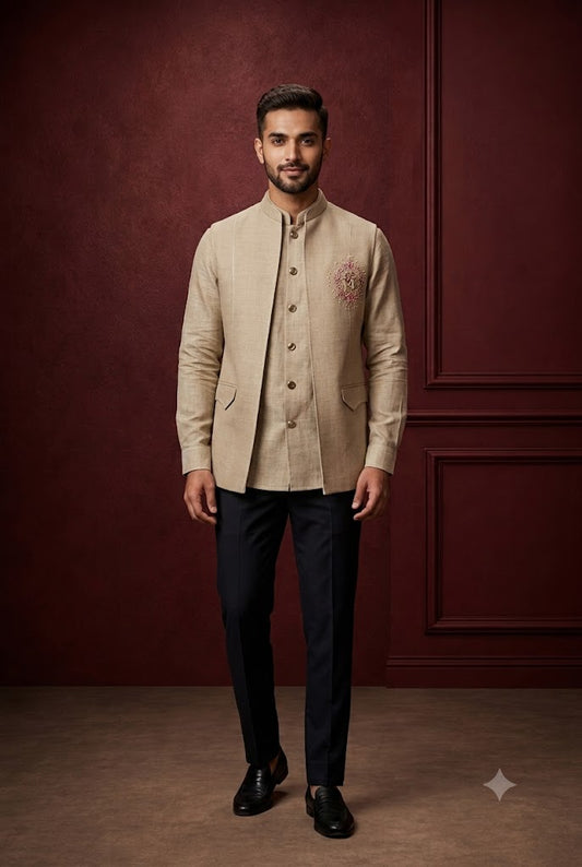 Beige Embroidered Jodhpuri Jacket Set