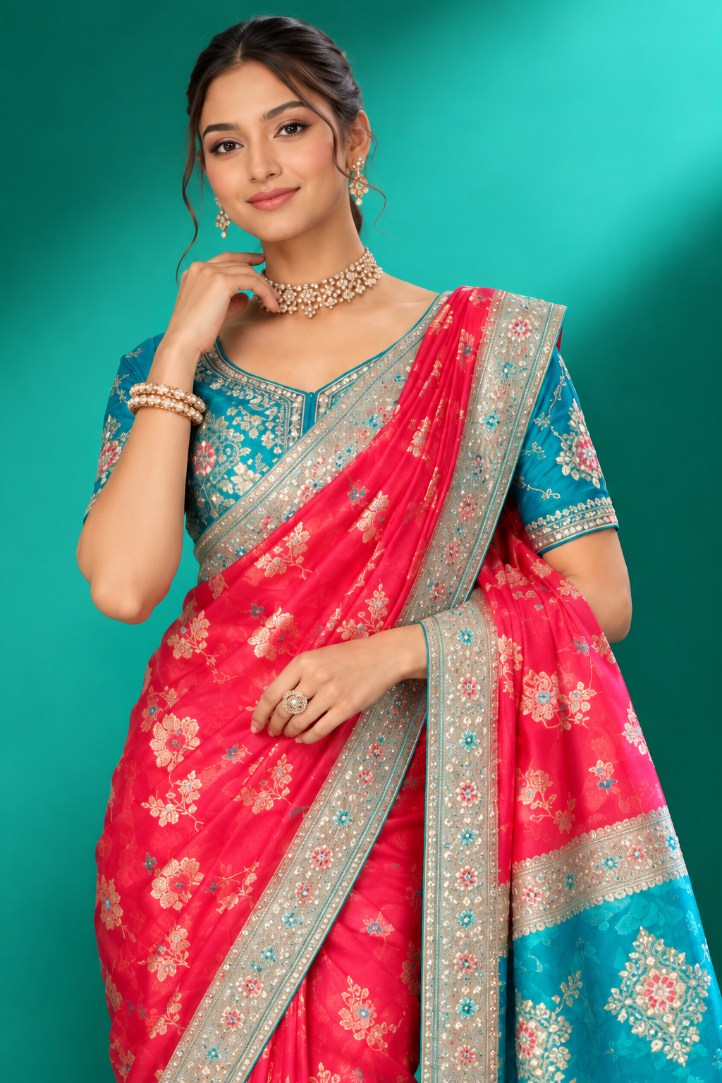 Fuchsia Pink & Teal Embroidered Festive Saree