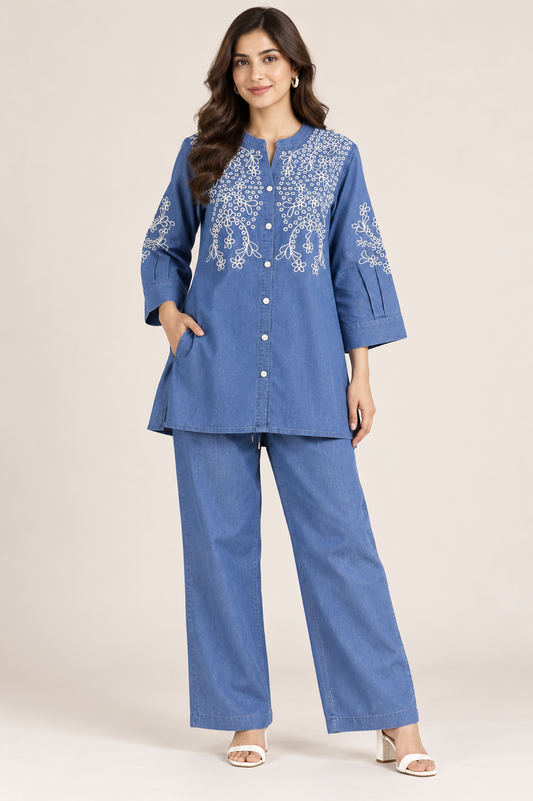 Women's Denim Blue White Floral Embroidered Co-Ord Set
