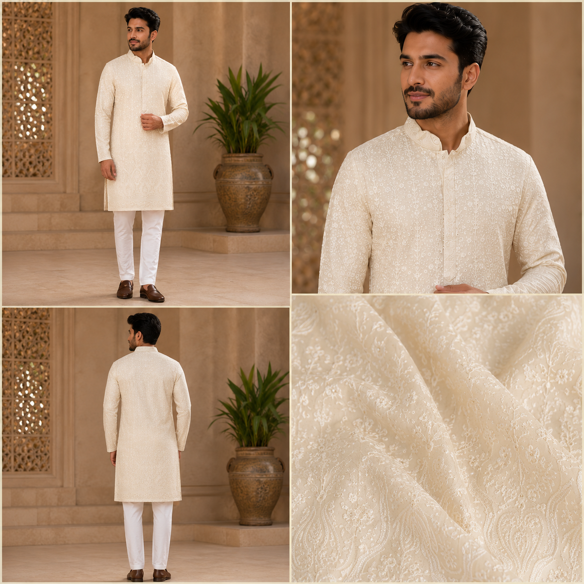 Ivory White Embroidered Festive Kurta for Men